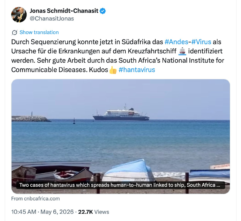 Schmidt-Chanasit-Tweet vom 6.5.2026 mit angehängter CNBC-Africa-Headline „Two cases of hantavirus which spreads human-to-human linked to ship, South Africa"
