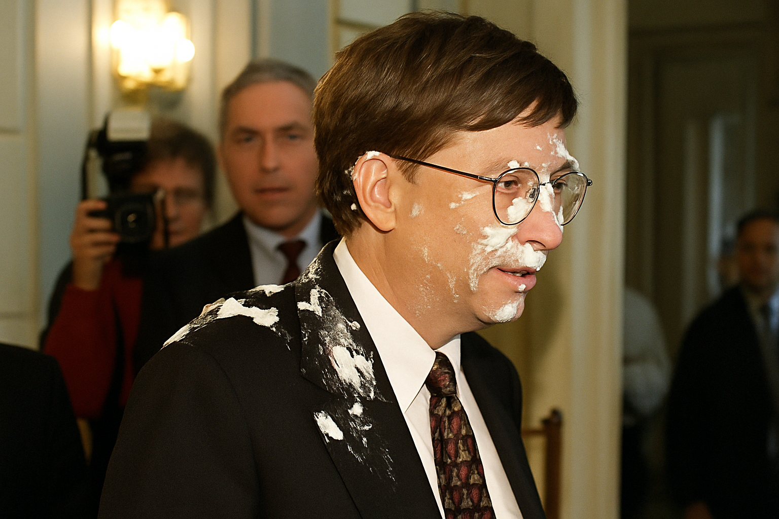 Bill Gates hit with a pie – symbolic image of system criticism