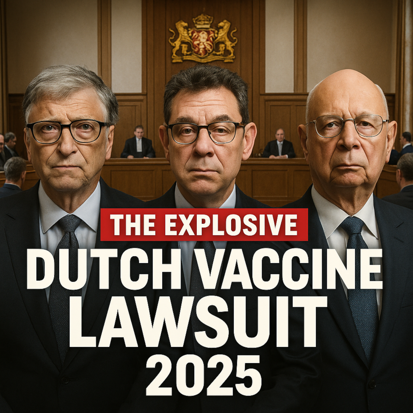Niederländisches Gerichtsdrama mit einer angespannten Konfrontation zwischen impfgeschädigten Klägern und dem Pharma-Verteidigerteam, mit symbolischer Justitia-Waage im Vordergrund